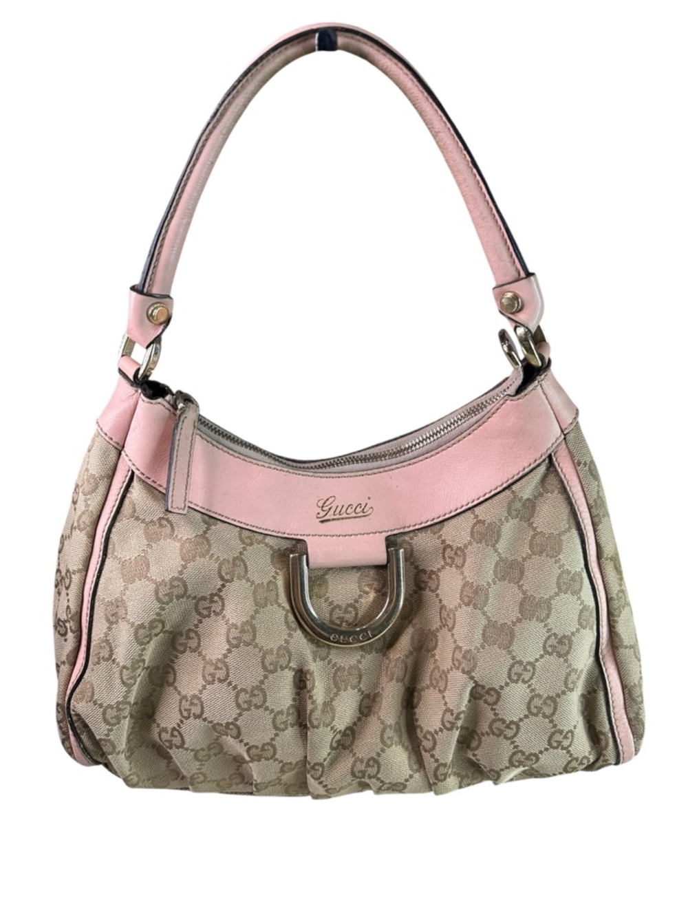 Gucci Beige GG Canvas Shoulder Bag with Pink Leather Trim
